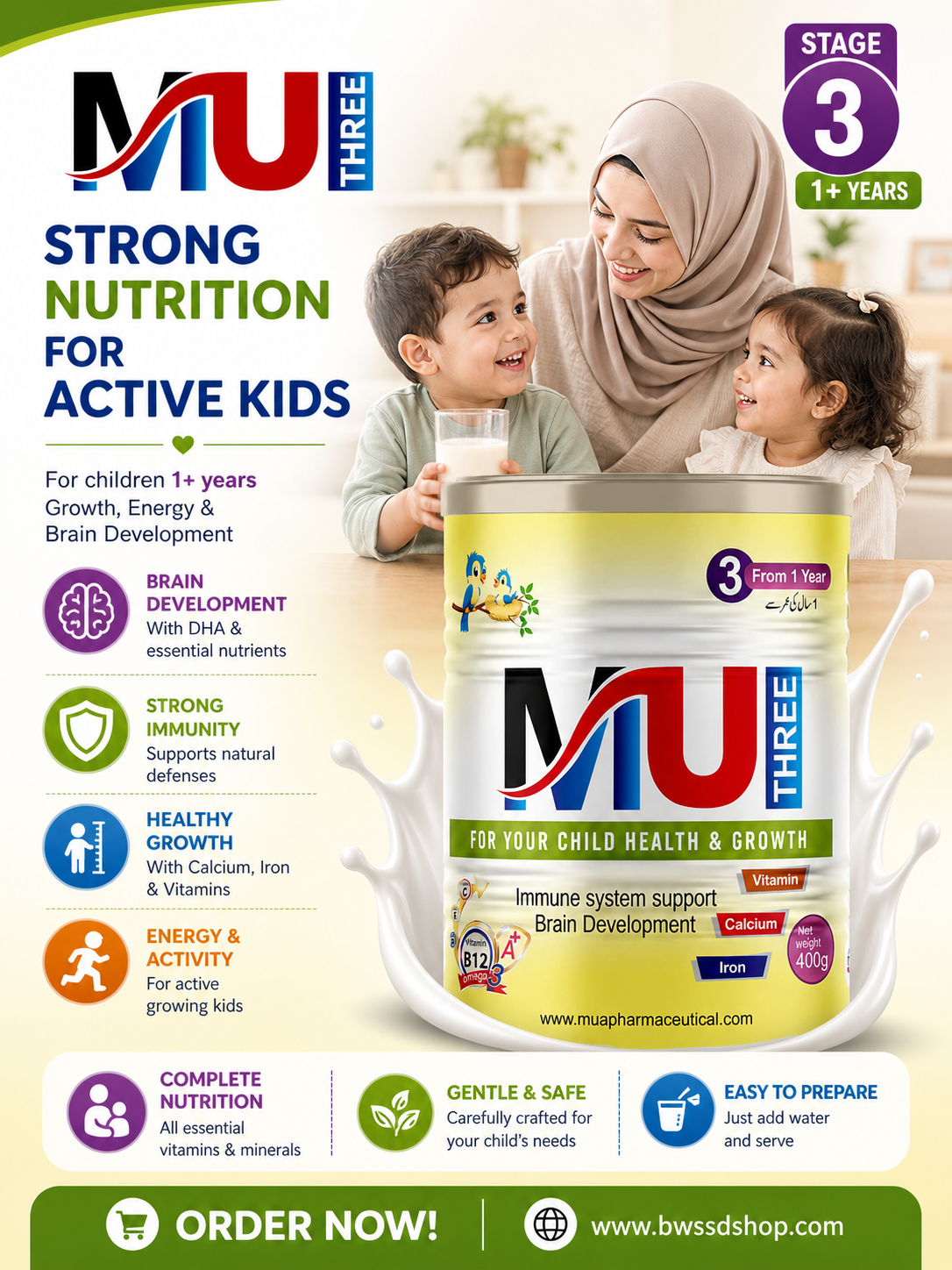 MU THREE: Growing Toddler Milk Formula (1 Year onwards) - 400g | Supports Brain, Immunity, Bones